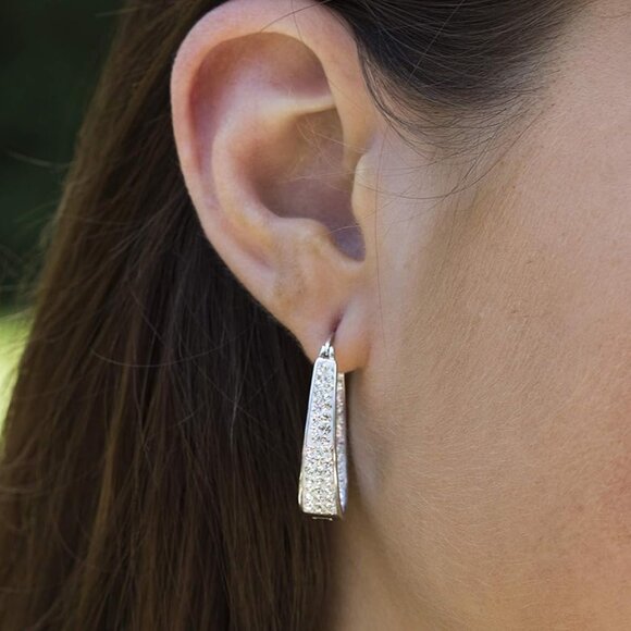 Oval Inside Outside Hoop Earrings for Women Faceted Sparkle Crystals - Picture 2 of 7